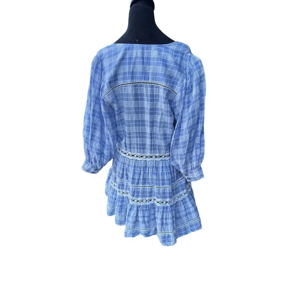 Free People Blue Plaid Lace Trim Tiered Tunic Cottagecore Puff Sleeve Boho